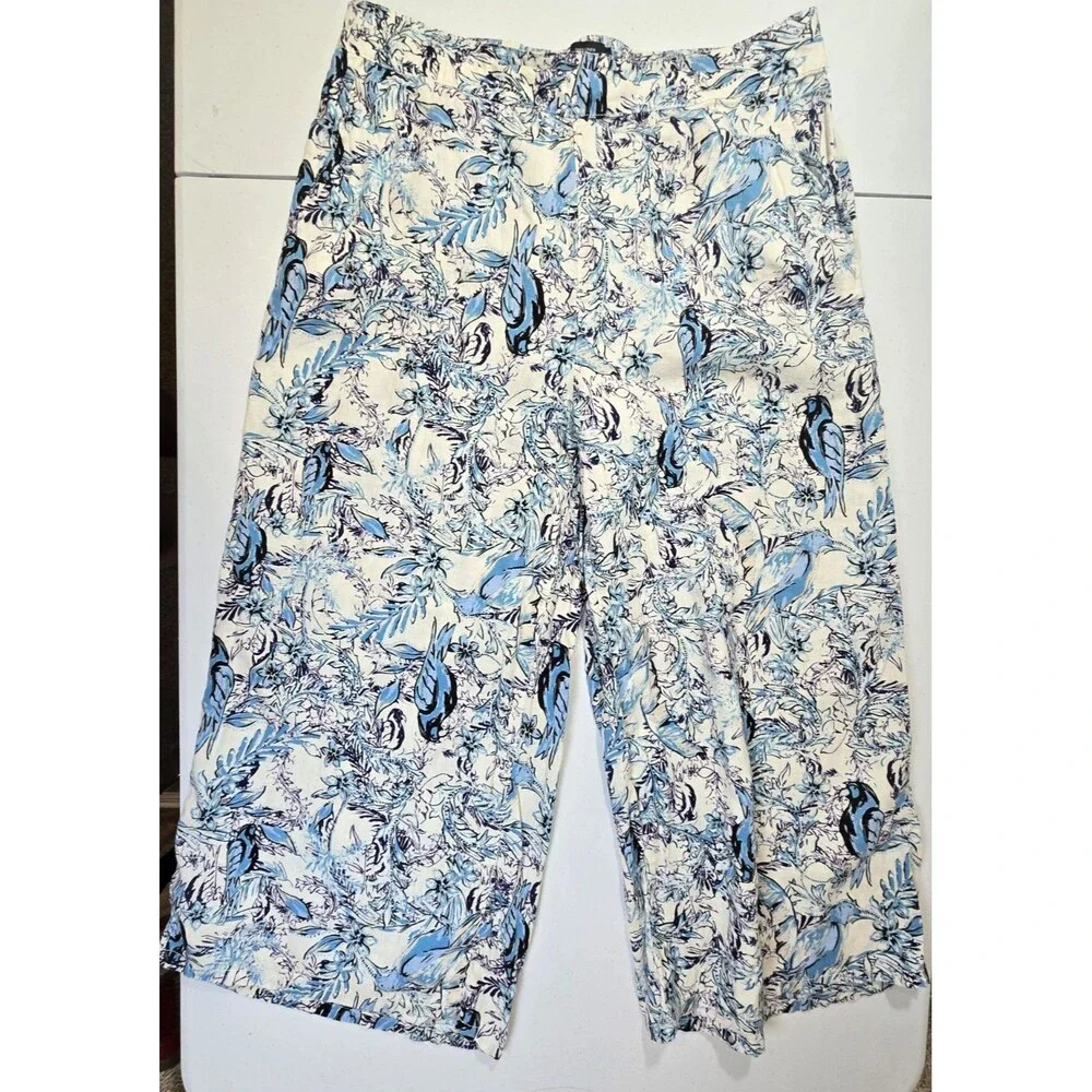 Tahari Women’s 100% Linen Woven Wide-Leg Pull-On Floral Pants Blue/White SZ XL
